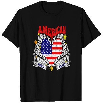Discover America Sweet Heart Skeleton Hands Heart Flag 4th T Shirts