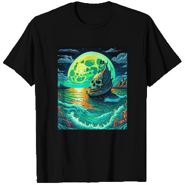 Discover Pirate Ship With A Skull At Full Moon T Shirts
