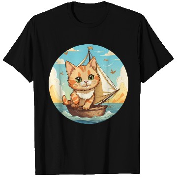 Discover Sailing Cat on Sailboat, Sunset Animal Design T Shirts
