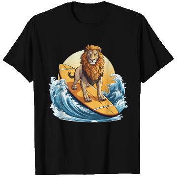 Discover Surfing Lion at Sunset, Adventurous Animal Design T Shirts