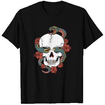 Discover Human skull, snake and hibiscus flower. T Shirts