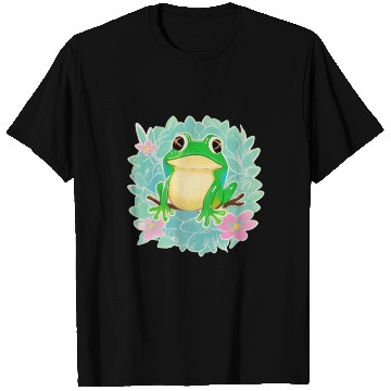 Discover Cute Little Tree Frog on a Floral background T Shirts