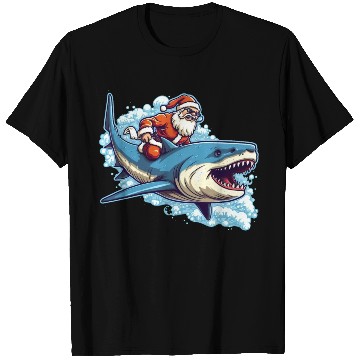 Discover Santa Claus riding a shark T Shirts