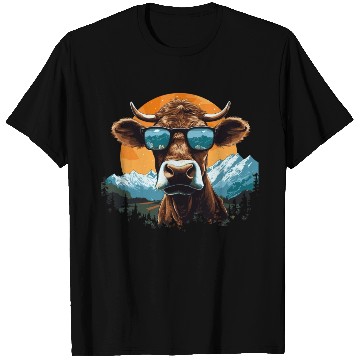 Discover A cow with sunglasses in the mountains T Shirts