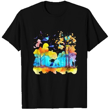 Discover Serenity in Flight: Watercolor Birds over Forest T Shirts