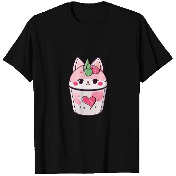 Discover Cat Strawberry Milk Shake Kawaii T Shirts