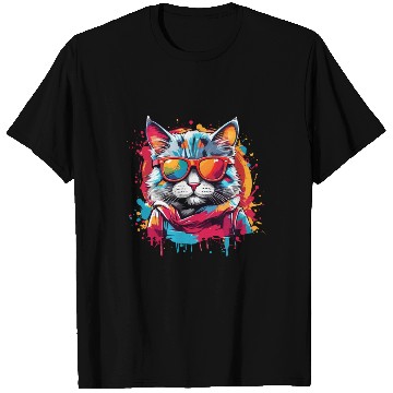 Discover Funny Design Color Cat Wearing Sunglasses Meow T Shirts