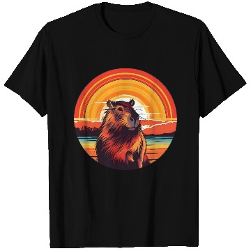 Discover Sunset Serenity: Rustic Capybara Stripe Illustrate T Shirts