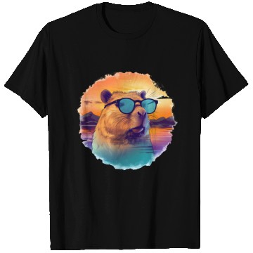 Discover Sunset Serenity: Rustic Capybara Stripe Illustrate T Shirts