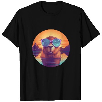 Discover Sunset Serenity: Rustic Capybara Stripe Illustrate T Shirts