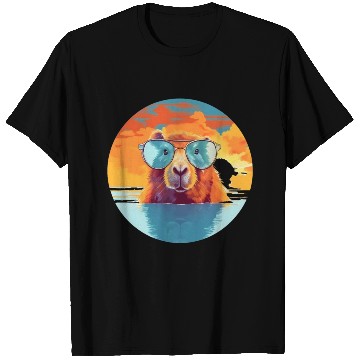 Discover Sunset Serenity: Rustic Capybara Stripe Illustrate T Shirts