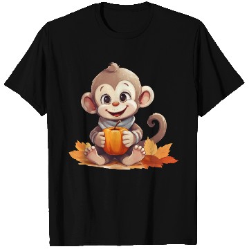 Discover Autumnal Monkey with Pumpkin and Apple T Shirts