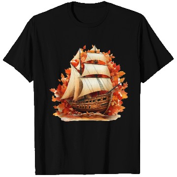 Discover Autumn Sailing: Sailboat Amidst Falling Leaves T Shirts