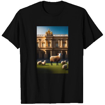Discover sheep in baroque armor in front of palace made of T Shirts