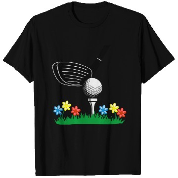 Discover Golf stick and ball on grass field with flowers T Shirts