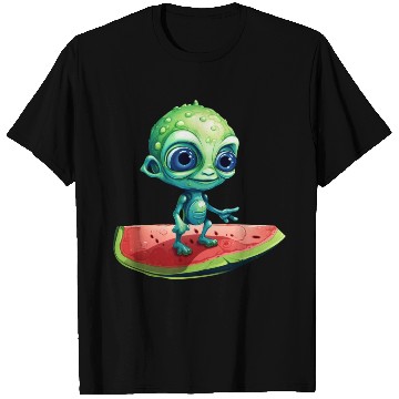 Discover Green Alien Meets Watermelon: Exotic Encounter T Shirts