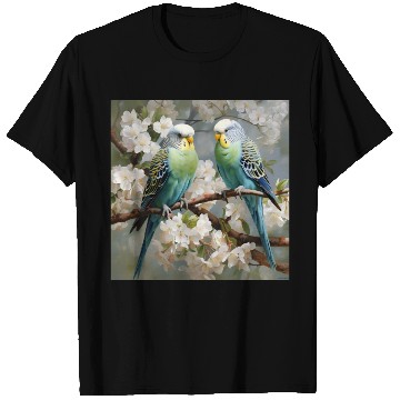 Discover Green and blue Parakeets with flowers T Shirts