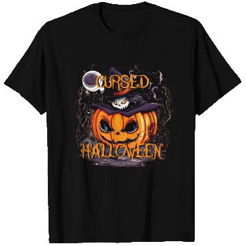 Discover Cursed Halloween scary pumpkin with hat T Shirts