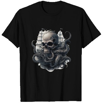 Discover Giant squid kraken skull ship T Shirts