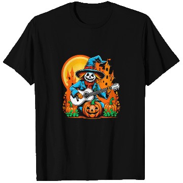 Discover Happy Halloween scarecrow plays guitar T Shirts
