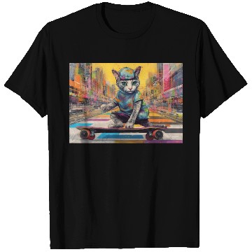 Discover Skateboarding Cat in a colorful city T Shirts