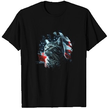 Discover America cat under Moon with American Flag T Shirts