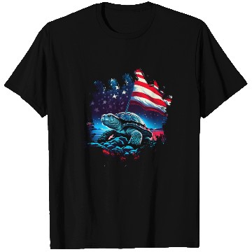 Discover America turtle under Moon with American Flag T Shirts