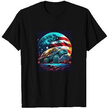 Discover America turtle under Moon with American Flag T Shirts