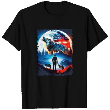 Discover America wolf under Moon with American Flag T Shirts