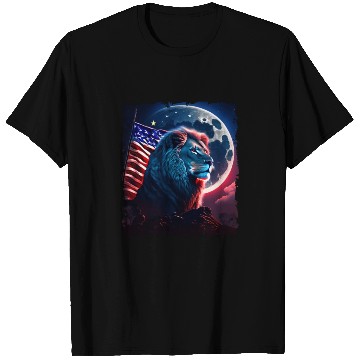 Discover America lion under Moon with American Flag T Shirts