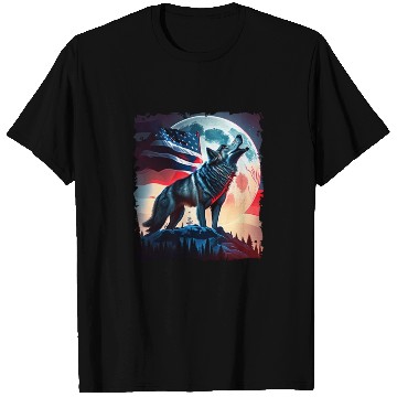 Discover America wolf under Moon with American Flag T Shirts