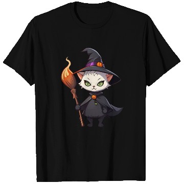 Discover Cute Halloween cat with a witch hat. T Shirts