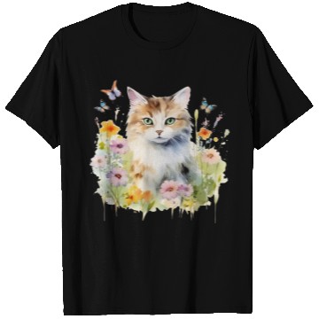 Discover CAT Watercolor Flowers Butterflies T Shirts