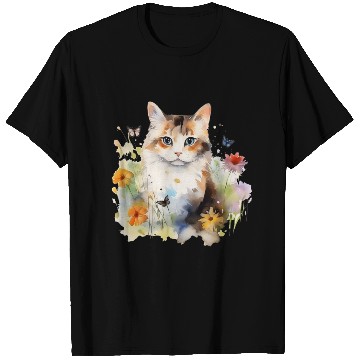 Discover Watercolor Cat Flowers & Butterflies T Shirts