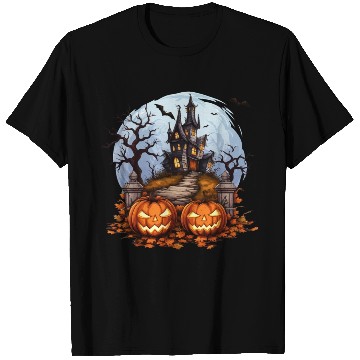 Discover Spooky Haunted House Halloween Pumpkin Bat T Shirts