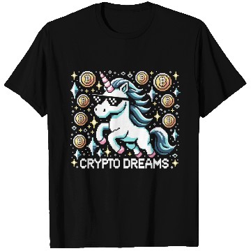 Discover Crypto Dreams - 8-bit Unicorn Amidst Digital Coins T Shirts