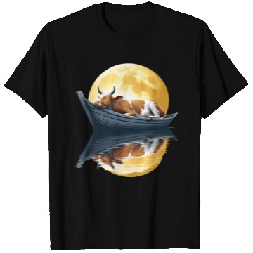 Discover Sleeping cow in boat under the moon T Shirts
