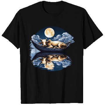 Discover Sleeping cow in boat under the moon T Shirts