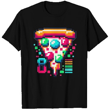 Discover Futuristic Pixel Pizza: Neon-Topped Delight T Shirts