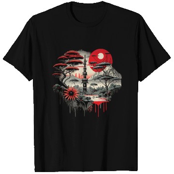 Discover Japanese style artwork with a temple and sun T Shirts