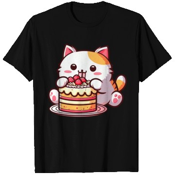 Discover Cherry Cake Delight: Sweet Comic Cat Indulges T Shirts