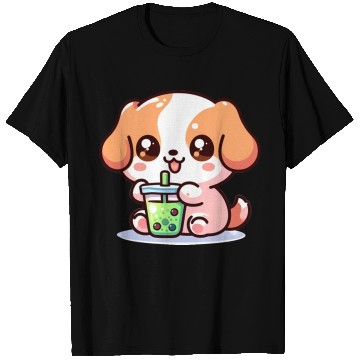Discover Playful dog with bubble tea T Shirts