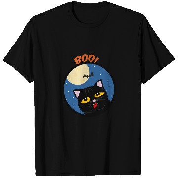 Discover Boo cat in the moon light with a bat Halloween T Shirts