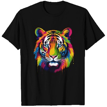 Discover Vibrant paint splashes adorn a majestic tiger. T Shirts