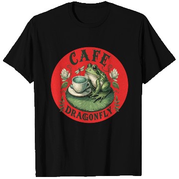 Discover Cafe Dragonfly: Whimsical Serene Frog on Lily Pad T Shirts