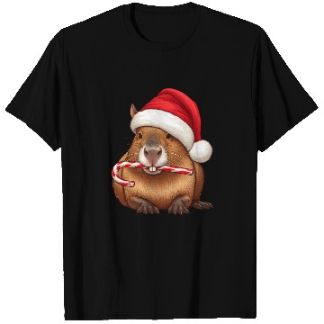 Discover Festive capybara with candy cane T Shirts