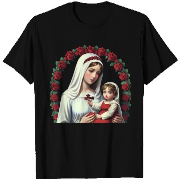 Discover Mother Mary and Baby Jesus with Red Roses T Shirts