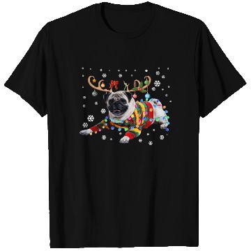 Discover Funny Pug Dog Christmas Reindeer Christmas Lights T Shirts
