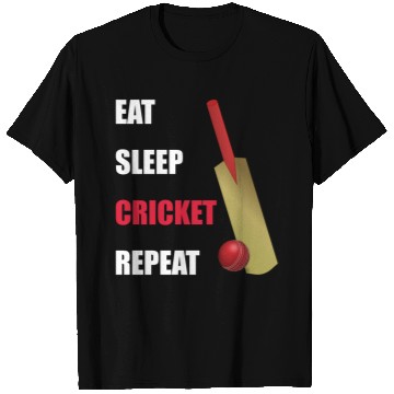 Discover Eat Sleep Cricket Repeat Red and White Text T Shirts