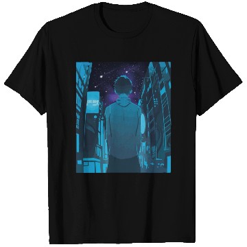 Discover Nighttime NYC Stroll: Urban Boy Amid Skyscrapers T Shirts